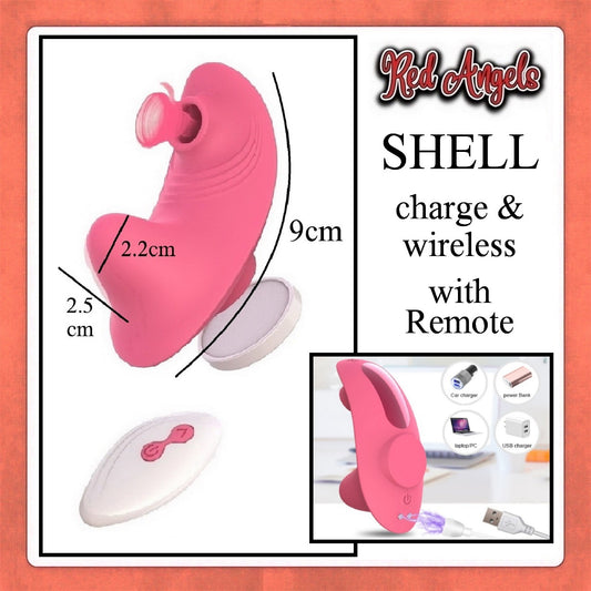 Pink shell-shaped device with measurements and 'Red Angels' branding on a white background.