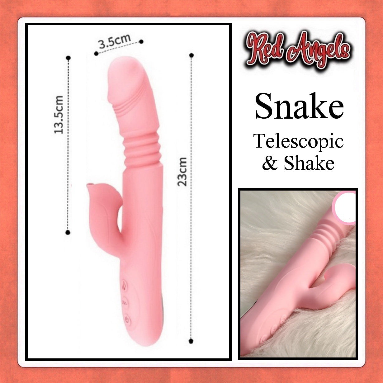 Pink telescopic and shake toy with measurements and 'Red Angels' branding on a white background.