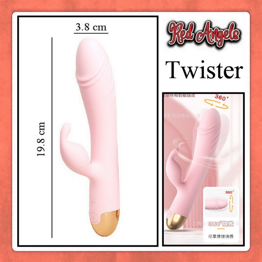 Pink 'Red Angels Twister' product with measurements and design details on a white background.
